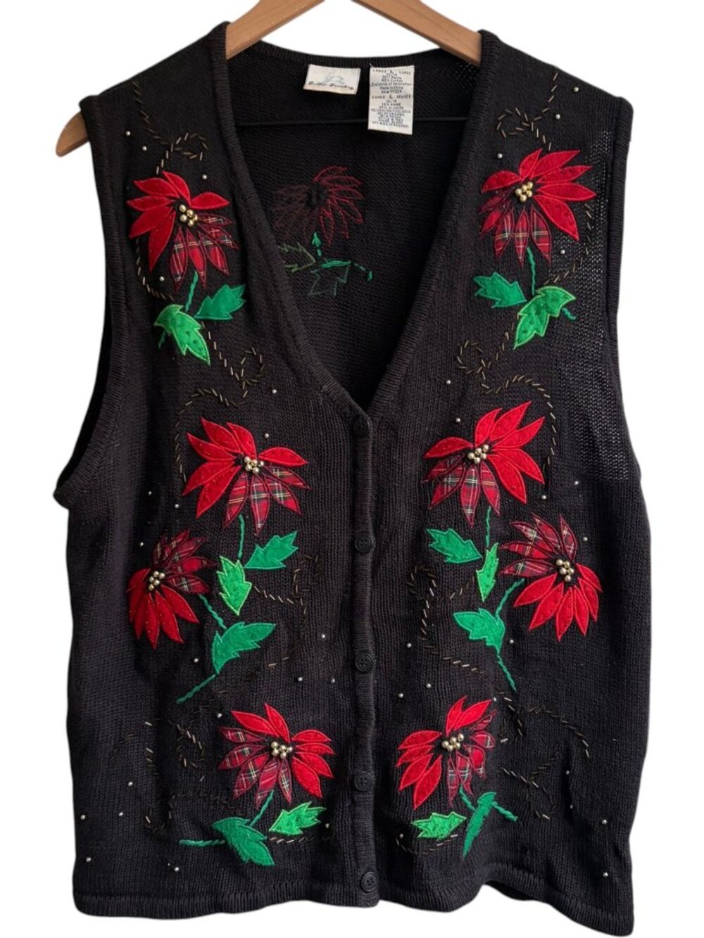 Vintage Bobbie Brooks Christmas Poinsettia Sweater Vest Black Beaded kitschy L